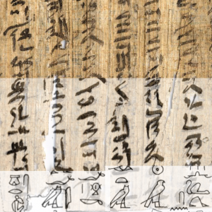 Illustration d'un papyrus manuscrit et de sa conversion progressive en texte numérique