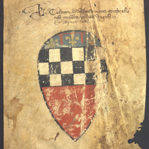 Couverture de registre aux armes de Lorenzo Salvucci de Salimbeni da San Gimignano, capitaine du peuple de Pérouse en 1343. Pérouse, Fondazione Perugia