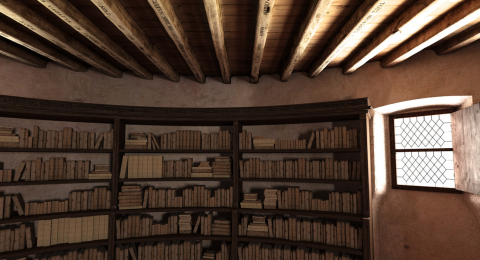 Image de la restitution 3D de la "librairie" de Montaigne (Site MONLOE, MONtaigne à l'Œuvre) Image de la restitution 3D de la "librairie" de Montaigne (Site MONLOE, MONtaigne à l'Œuvre)