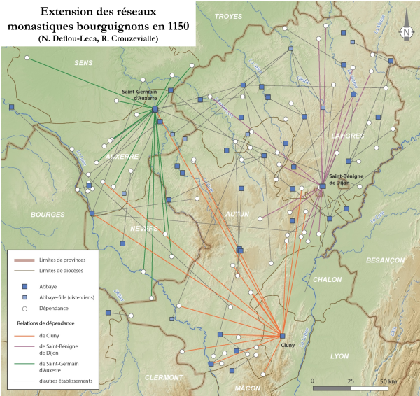 Carte de projection des réseaux monastiques bourguignons