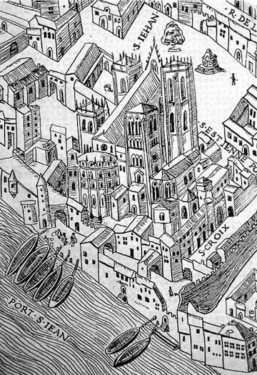 Plan scénographique de la Ville de Lyon au 16e siècle (facsimile, détail) - [s.d. 1550] Bibliothèque municipale de Lyon 